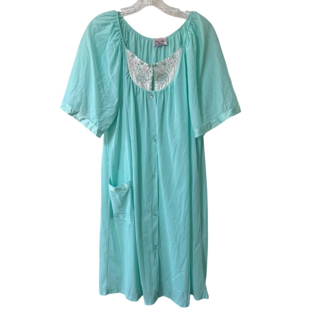 Kelly Reed Aqua Nylon Nightgown VTG Plus Sz 1X Lace Embroidered Button Retro USA